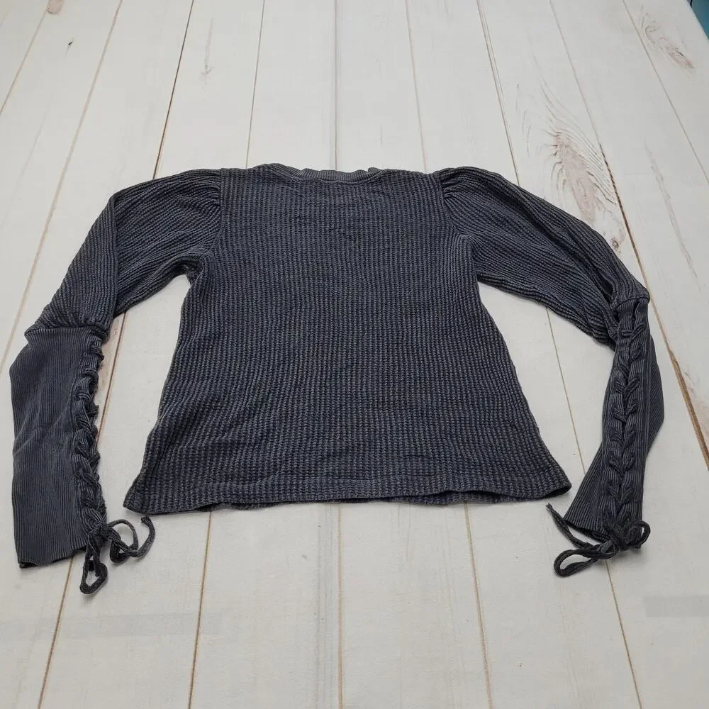 Free People One Tasha waffle knit thermal top puff lace up sleeves indie small
